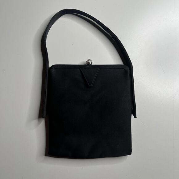 Lewis Handbags - Vintage Lewis Top Handle Bag Womens Small Black Satin Rhinestone Purse‎ Evening
